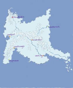Southland, showing main cities, rivers and mountain ranges. A detailed map of the Zarene Valley and environs with be added in later post.